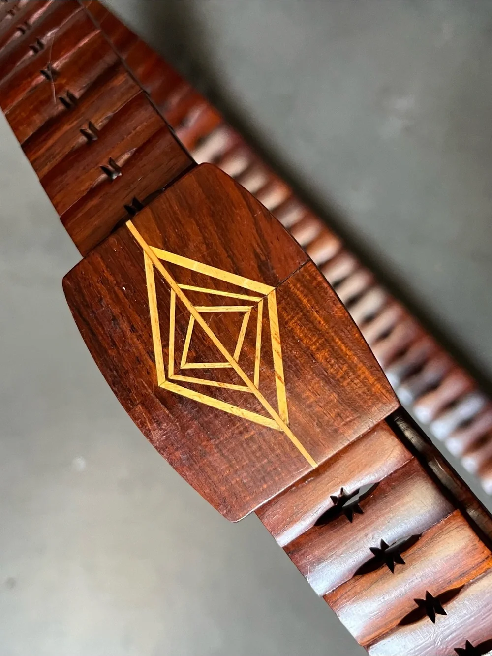 Men’s Brown Wooden Belt with Geometric Inlay